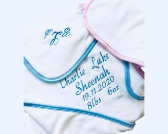 Personalised Embroidered Baby Hooded Towel, Initials Name, DOB, Weight Newborn Christmas Gift