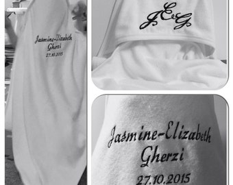 Personalised Embroidered Baby Hooded Towel, Initials Name, DOB, Weight Newborn Christmas Gift