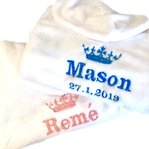 Personalised Baby Dressing Gown, Bath Robe, Towel Embroidered Name, dob, initials crown Party, Birthday, Christmas, Infant, Toddler Girl Boy