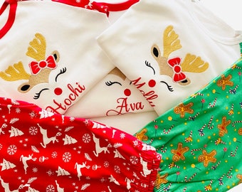 Personalised baby/children Christmas PJS, Nightwear Red Reindeer, Rudolph, embroidery name baby boy, baby girl, Xmas gift, present