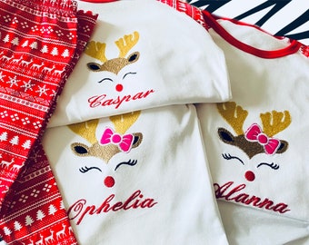 Personalised Pyjama, nightwear boy, baby reindeer snowman, Christmas red and white pyjamas, Christmas gift, embroidered Xmas pj’s