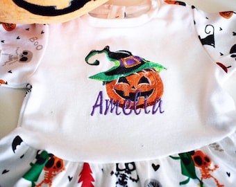 Personalised baby girls, kids pumpkin spooky cotton Halloween dress, any name, party dress, embroidery gift