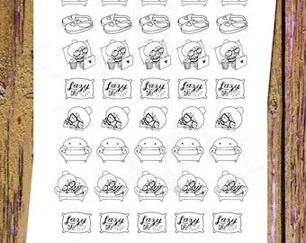 May include: A sheet of black and white planner stickers featuring a cartoon character relaxing on a couch with the text "Lazy Day" repeated five times.