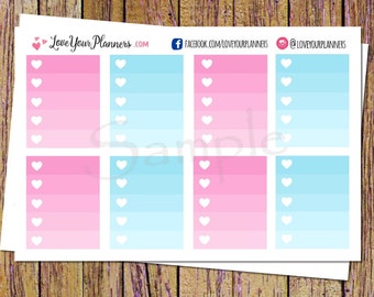 Op de afbeelding: Planner stickers met roze en blauwe gradiëntblokken, elk met witte hartaccenten. De stickers hebben de tekst "Love Your Planners.com" en social media handles. De stickers zitten op een wit vel.