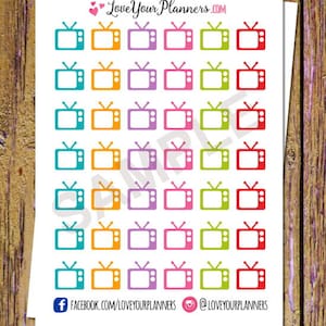 May include: A sheet of colorful television stickers. The stickers are in various colors, including teal, orange, purple, pink, and green. The stickers are all the same size and shape, and they feature a simple outline of a television.