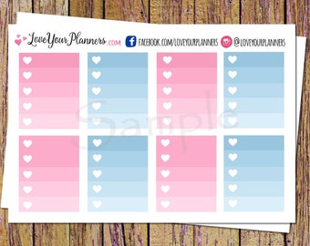 Op de afbeelding: Een vel bedrukbare planner stickers met een roze en blauwe ombre-ontwerp. Elke sticker heeft een wit hart en een lege ruimte om te schrijven. De tekst "Love Your Planners.com" staat bovenaan het vel.