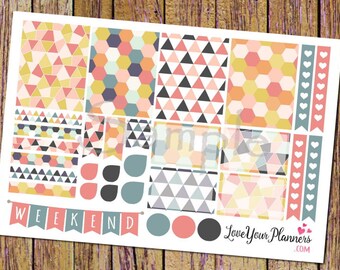May include: A set of geometric patterned planner stickers with a variety of colours, including pink, yellow, blue, and grey. The stickers feature different geometric shapes, such as triangles, hexagons, and squares. The stickers also include a banner that says "WEEKEND" and a few small circles. The stickers are designed for use in a planner or journal.