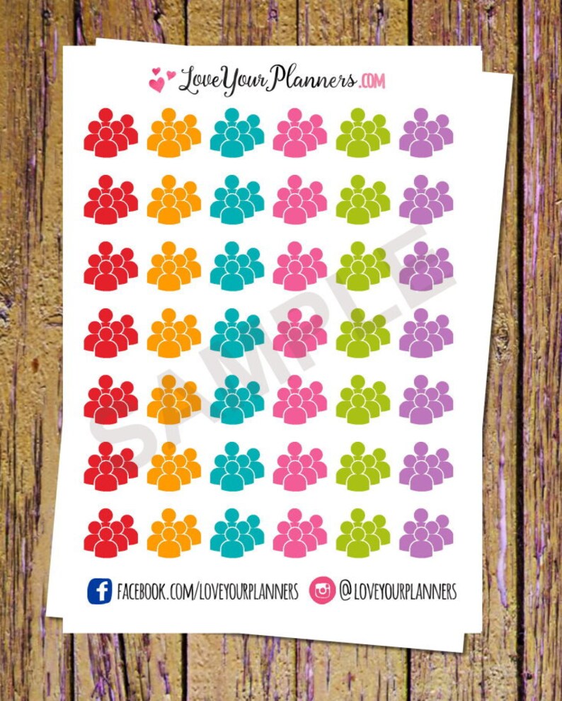 May include: A sheet of colorful planner stickers featuring 36 group icons. The icons are red, orange, teal, pink, and green. The stickers are perfect for planning meetings, events, or social gatherings.