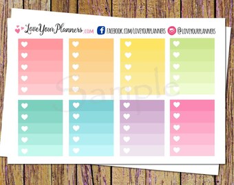 Op de afbeelding: Acht kleurrijke planner stickers met een verloop achtergrond en witte hartjes. Elke sticker heeft vijf hartjes in een verticale lijn.