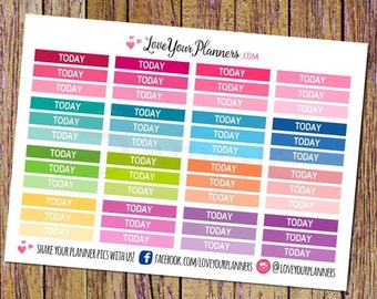 Puede incluir: Una hoja de pegatinas de planificador de colores con la palabra "TODAY" repetida en varios colores. Las pegatinas están diseñadas para usar en un planificador o diario.