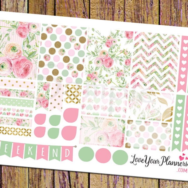 ANNA Pink Mint Vintage Roses Planner Stickers Weekly Planner Stickers Weekend Banner Heart Checklist Vertical Planner Floral Stickers 141