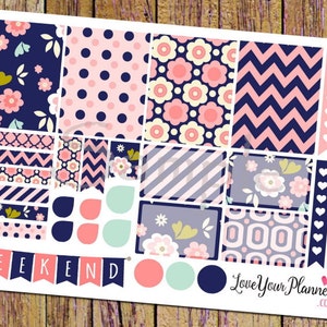 SWEET BLOOMS Pegatinas florales para planificador, color rosa y azul marino, pegatinas florales para planificador semanal, pegatinas semanales, planificador vertical, media caja, caja completa, 120 unidades