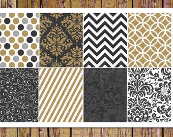 May include: A sheet of planner stickers with eight different patterns. The patterns include polka dots, damask, chevron, circles, swirls, stripes, and two different floral patterns. The colors are black, white, and gold.