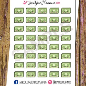 May include: A sheet of 48 green and white money stickers with a cartoon face on each. The stickers are arranged in a grid pattern. The text "LoveYourPlanners.com" is at the top of the sheet. The text "FACEBOOK.COM/LOVEYOURPLANNERS" and "@LOVEYOURPLANNERS" are at the bottom of the sheet.