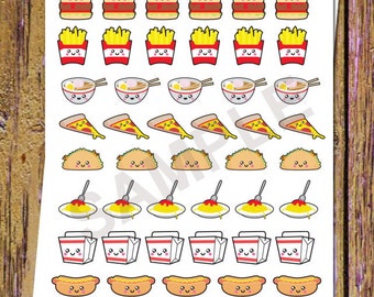 May include: A sheet of colorful stickers featuring various food items with cute faces. The stickers include burgers, fries, ramen, pizza, tacos, spaghetti, takeout boxes, and hot dogs.