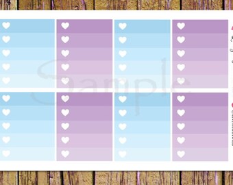 Op de afbeelding: Een vel met bedrukbare planner stickers met acht vakjes. Elk vakje heeft een blauwe en paarse gradiënt achtergrond met witte hartjes. De tekst "Love Your Planners .COM @LOVEYOURPLANNERS" staat in de rechter benedenhoek.
