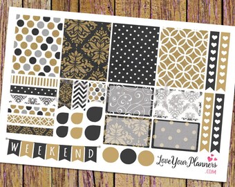 May include: A sheet of planner stickers with a gold and black color scheme. The stickers feature various patterns, including polka dots, damask, and geometric designs. The sheet also includes a banner that says "Weekend" and a small logo that says "Love Your Planners.com".