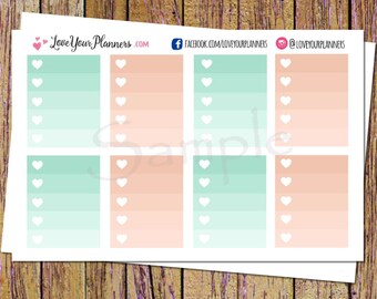 Op de afbeelding: Planner sticker vel met turquoise en perzikkleurige gradiënt secties, elk met witte hart iconen. De vel bevat de tekst "Love Your Planners.com" en social media details bovenaan.