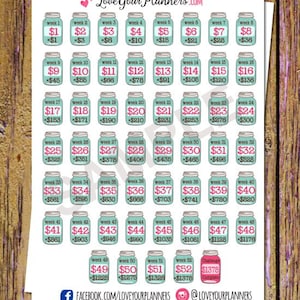 May include: A sheet of 52 turquoise blue mason jar stickers with pink labels. Each sticker has a week number and a dollar amount. The last sticker says "Challenge Complete" and has a pink heart.