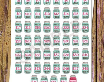 May include: A sheet of 52 turquoise blue mason jar stickers with pink labels. Each sticker has a week number and a dollar amount. The last sticker says "Challenge Complete" and has a pink heart.