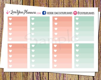 Op de afbeelding: Een vel bedrukbare planner stickers met een verloop achtergrond in roze en groen. De stickers hebben witte hartjes en zijn ontworpen voor gebruik in een planner of dagboek.