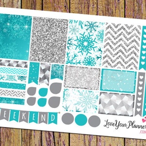SNOWFLAKE Teal Silver Planner Stickers Glitter Stickers Weekly Planner Stickers Chevron Weekly Sticker Half Box Full Box Stickers 168