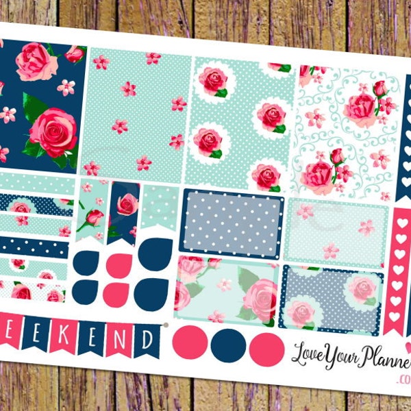 VINTAGE ROSES Navy Pink Roses Planner Stickers Weekly Planner Stickers Heart Checklist Stickers Vertical Planner Floral Stickers Roses 170