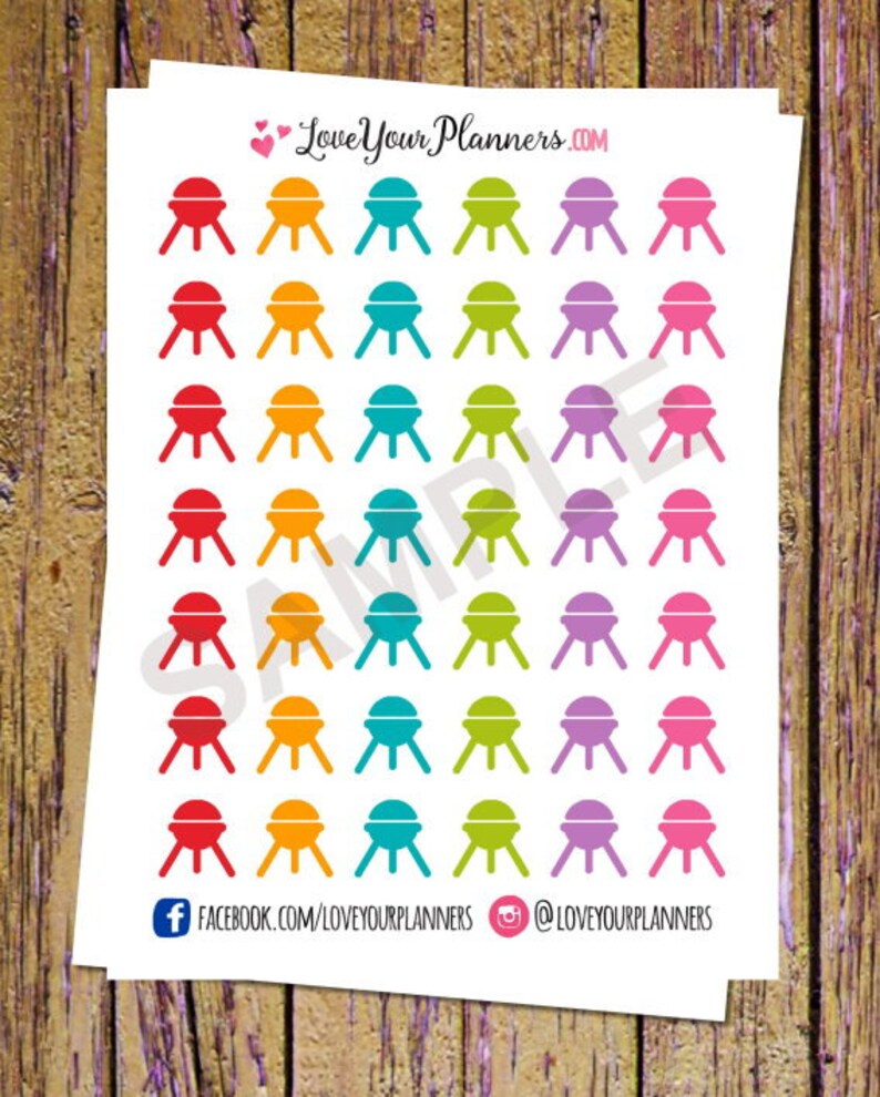 May include: A sheet of colorful planner stickers featuring 36 grill icons in red, orange, teal, green, purple, and pink.