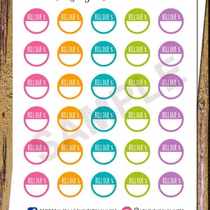 May include: A sheet of colorful bill due stickers with a white space to write in the amount. The stickers are in pink, orange, turquoise, green, and purple.