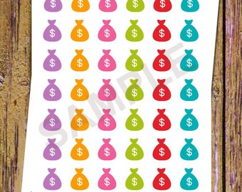 May include: A sheet of colourful money bag stickers. The stickers are in various colours, including purple, orange, pink, green, red, and blue. Each sticker features a simple outline of a money bag with a dollar sign inside.