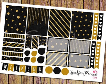 May include: Black and gold planner stickers with various patterns including polka dots, stripes, and hearts. The stickers include the word "Weekend" and the text "Love Your Planners.com".