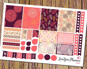 May include: A set of planner stickers with floral and geometric patterns in shades of pink, orange, and brown. The stickers include a banner that says "Weekend" and a set of hearts.