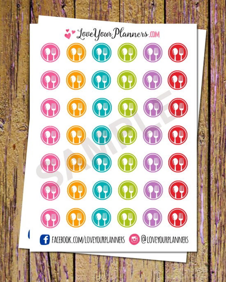 May include: A sheet of colorful round stickers with a white fork and spoon icon. The stickers are in pink, orange, turquoise, green, purple, and red.