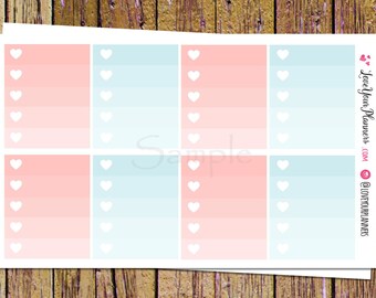 Op de afbeelding: Een printbaar plannerblad met acht vakjes, elk met een verloopachtergrond in roze en blauw. Elk vakje heeft een rij witte hartjes aan de zijkant.