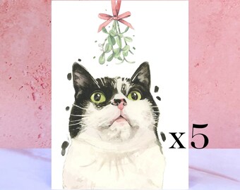 Pack of 5 Black and White Cat Christmas Cards