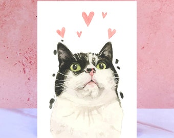 Black and White Cat Licks & Kisses Card for Valentines, Anniversaries and from the Cat