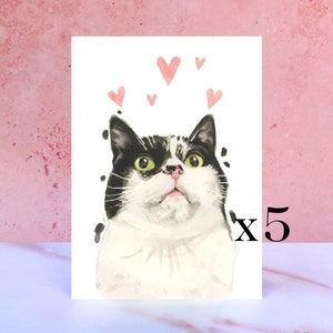 Lot de 5 cartes de léchage et de bisous de chat en noir et blanc pour la Saint-Valentin, les anniversaires et de la part du chat