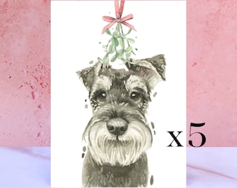 May include: A watercolor illustration of a gray and black schnauzer dog with a sprig of mistletoe and a red bow above its head. The image is on a white background and has the text "x 5" in the bottom right corner.
