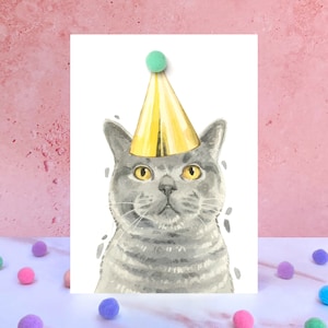 Carte d'anniversaire pompon bleu British Shorthair chat