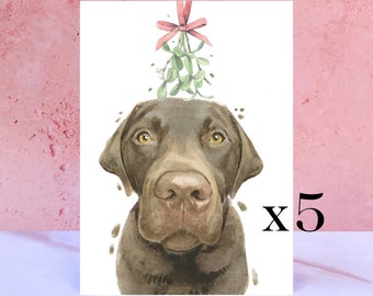 Lot de 5 cartes de Noël Labrador chocolat