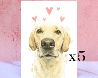 Pacote de 5 cartões amarelos de lambidas e beijos de labrador para dia dos namorados, aniversários e do cachorro