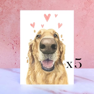 Paquete de 5 tarjetas Golden Retriever Licks & Kisses para San Valentín, aniversarios y del perro