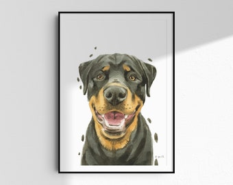 May include: A watercolor painting of a Rottweiler dog with a black and tan coat. The dog is looking directly at the viewer with its mouth open in a smile. The background is white with a few small black dots.