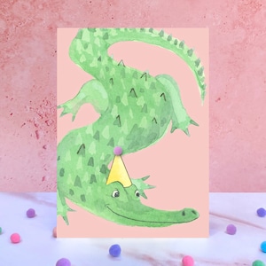 Carte d'anniversaire animal crocodile et pompon image 1