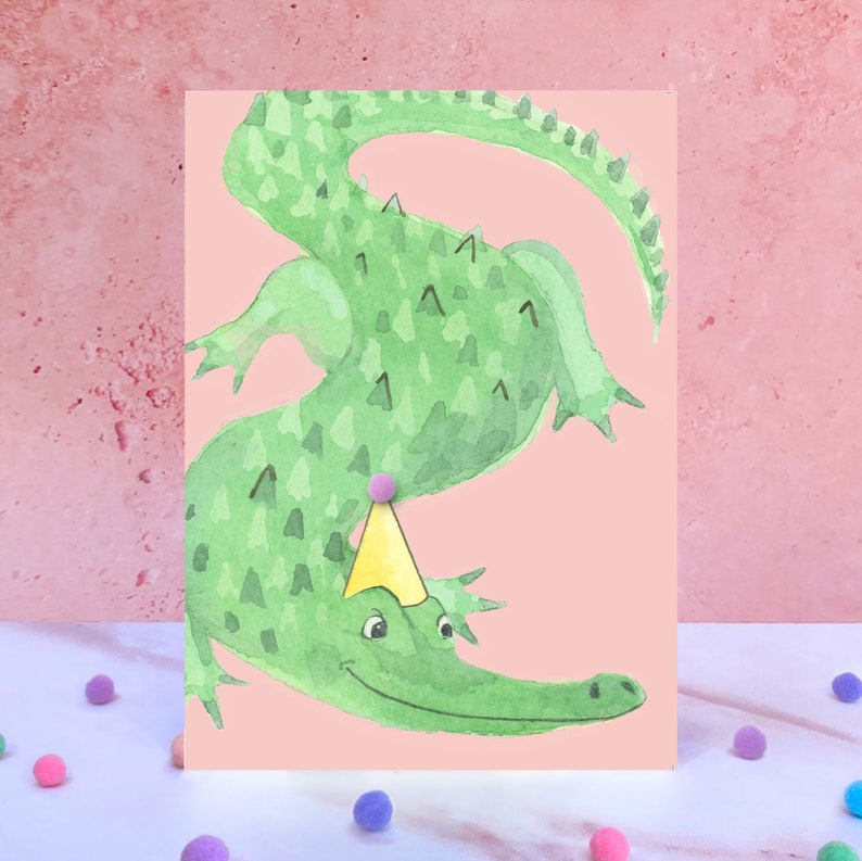 Carte d'anniversaire animal crocodile et pompon image 1
