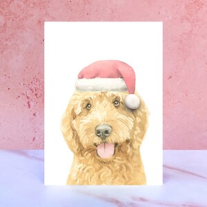 Julkort med gyllene Cockapoo-pompom, hund i tomtehatt, julkort för Cockapoo-älskare, från hunden
