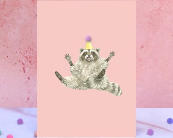 Carte d'anniversaire animal pompon raton laveur