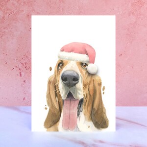 Basset Hound Christmas Card. Dog in Santa hat card