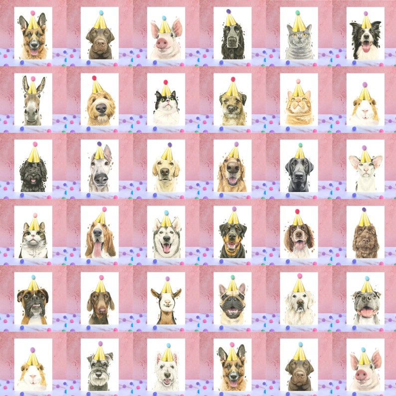 May include: A grid of thirty-six individual greeting cards, each featuring a watercolor illustration of a different animal wearing a gold party hat with a colorful pom-pom. The animals include various dog breeds, cats, pigs, and a goat.