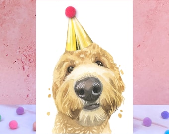 Carte d'anniversaire dorée à pompon pour chien